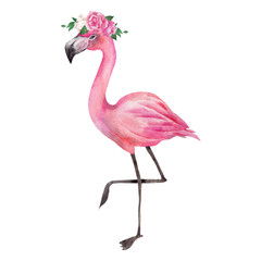Watercolor illustration with pink flamingo and flowers