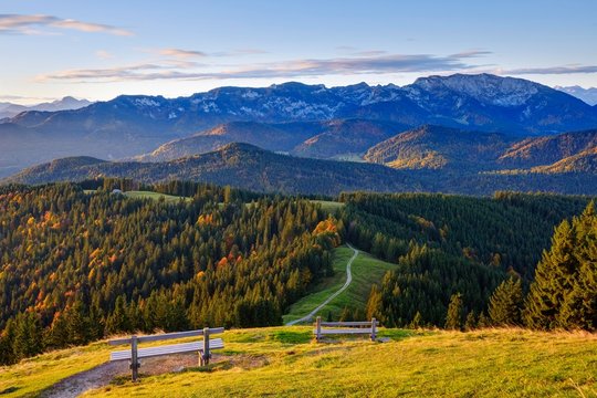 Brauneck and Benediktenwand, view from the Zwiesel near Wackersberg, Isarwinkel, Upper Bavaria, Bavaria, Germany, Europe