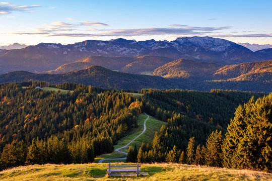 Brauneck and Benediktenwand, view from the Zwiesel near Wackersberg, Isarwinkel, Upper Bavaria, Bavaria, Germany, Europe