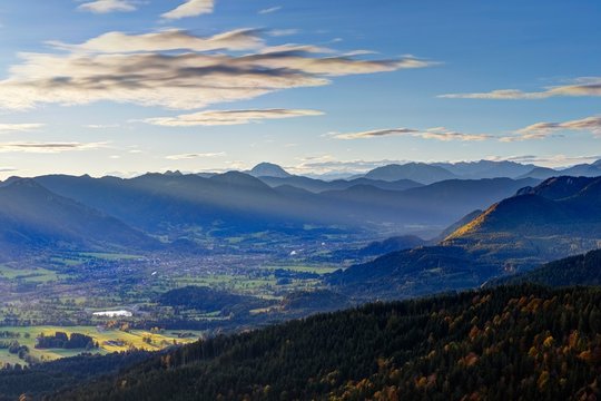 View from Zwiesel over the Isartal with Lenggries, Isarwinkel, Upper Bavaria, Bavaria, Germany, Europe