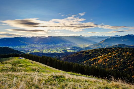 Schnaiteralm, view from Zwiesel over the Isartal with Lenggries, Isarwinkel, Upper Bavaria, Bavaria, Germany, Europe