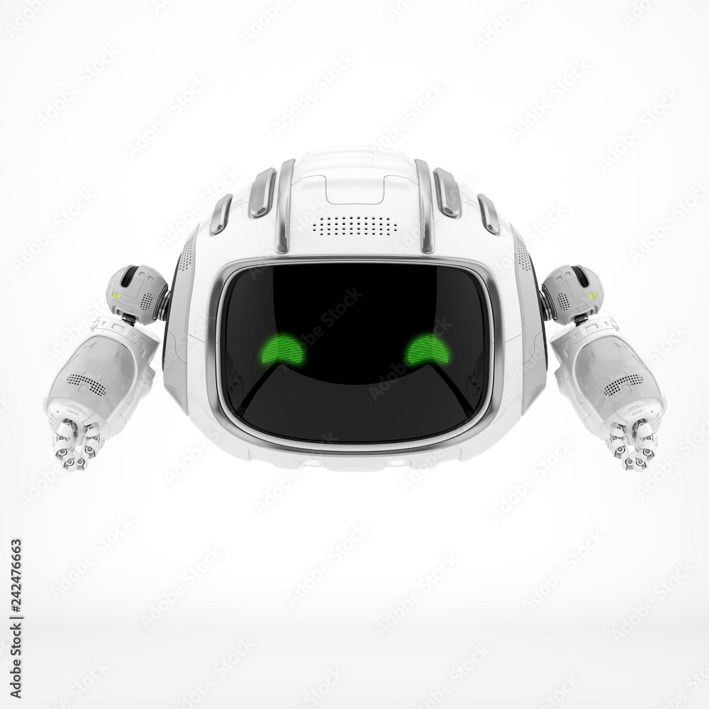 Poster aerial robotic character with digital screen, 3d rendering