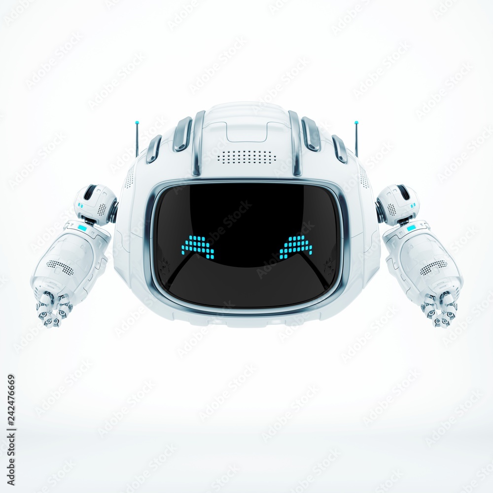 Poster aerial robotic character with digital screen, 3d rendering