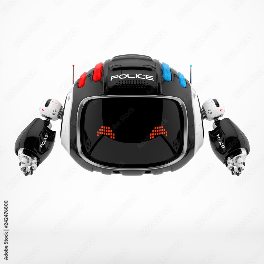 Poster aerial robotic character with digital screen, 3d rendering