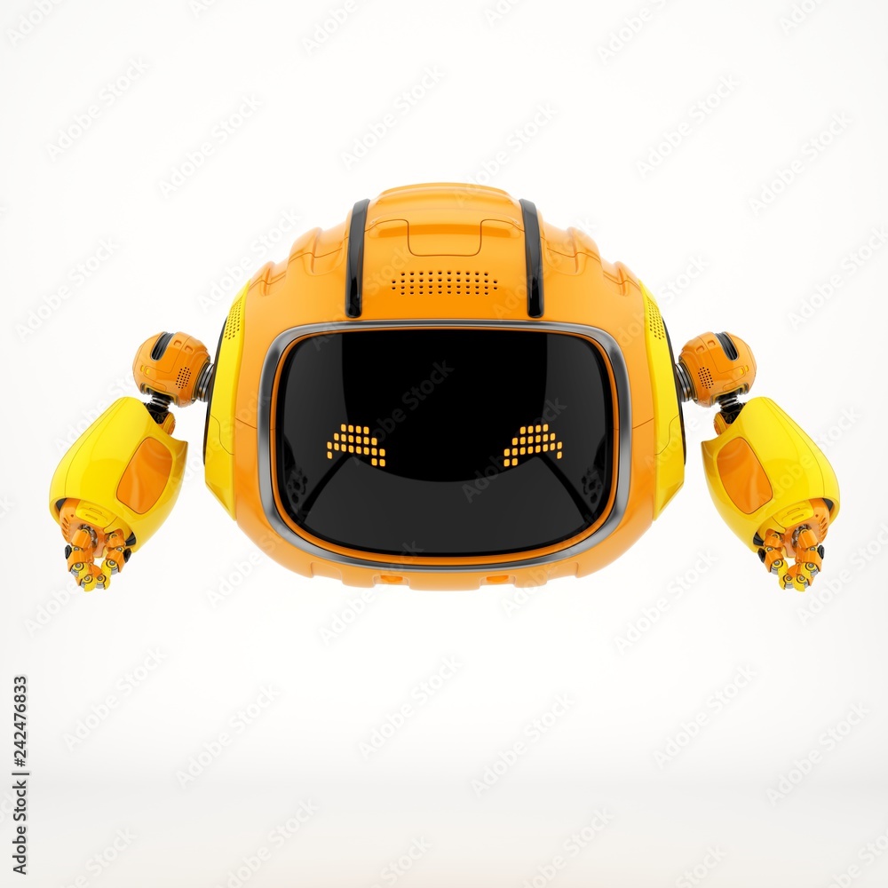 Poster aerial robotic character with digital screen, 3d rendering