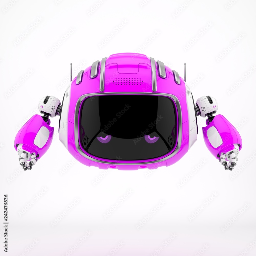 Poster aerial robotic character with digital screen, 3d rendering