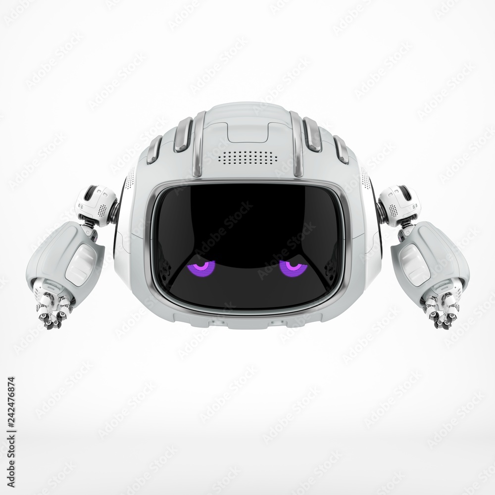 Poster aerial robotic character with digital screen, 3d rendering