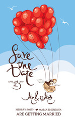 Wedding invitation. Bride and groom are leaving on a journey in a balloon.	