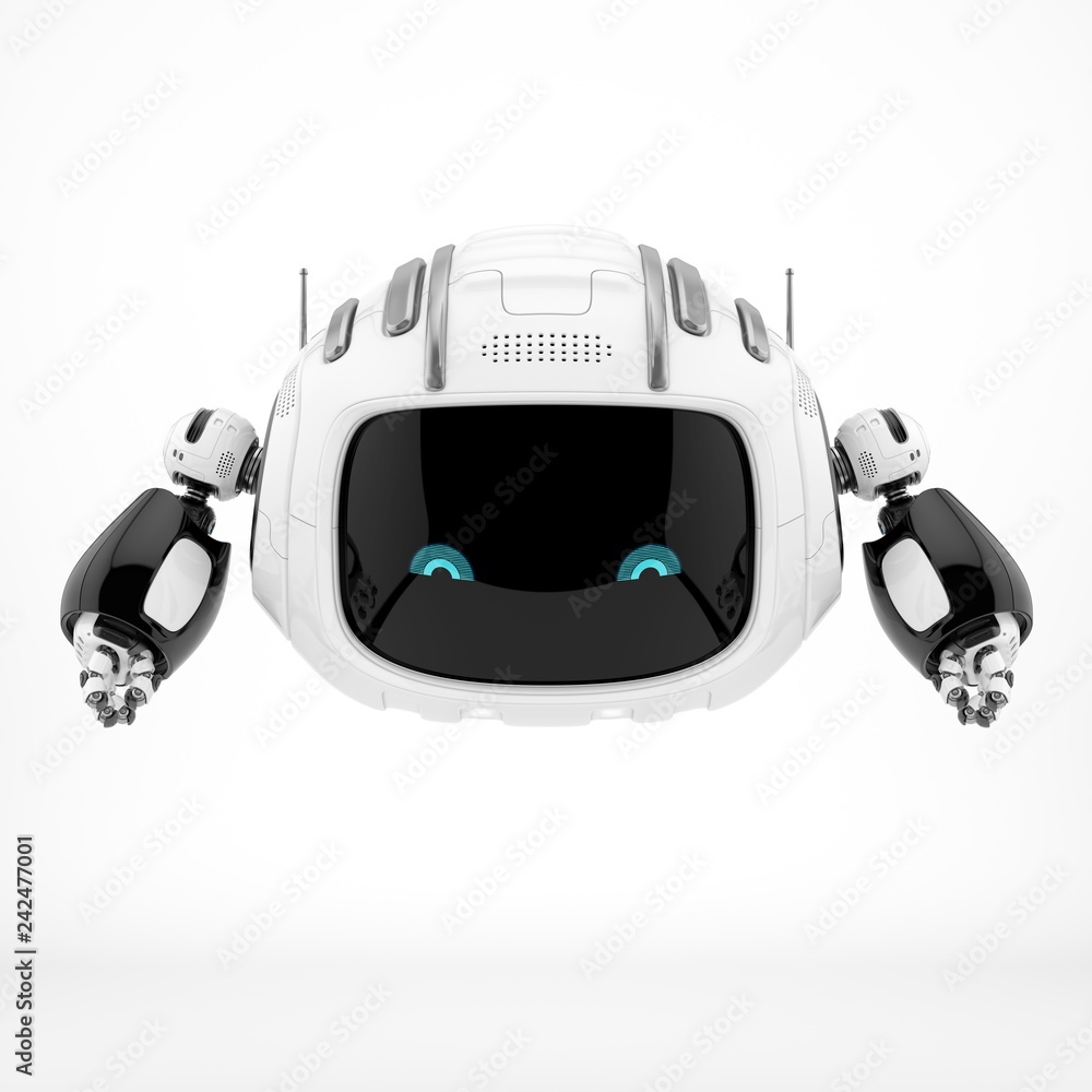 Poster aerial robotic character with digital screen, 3d rendering