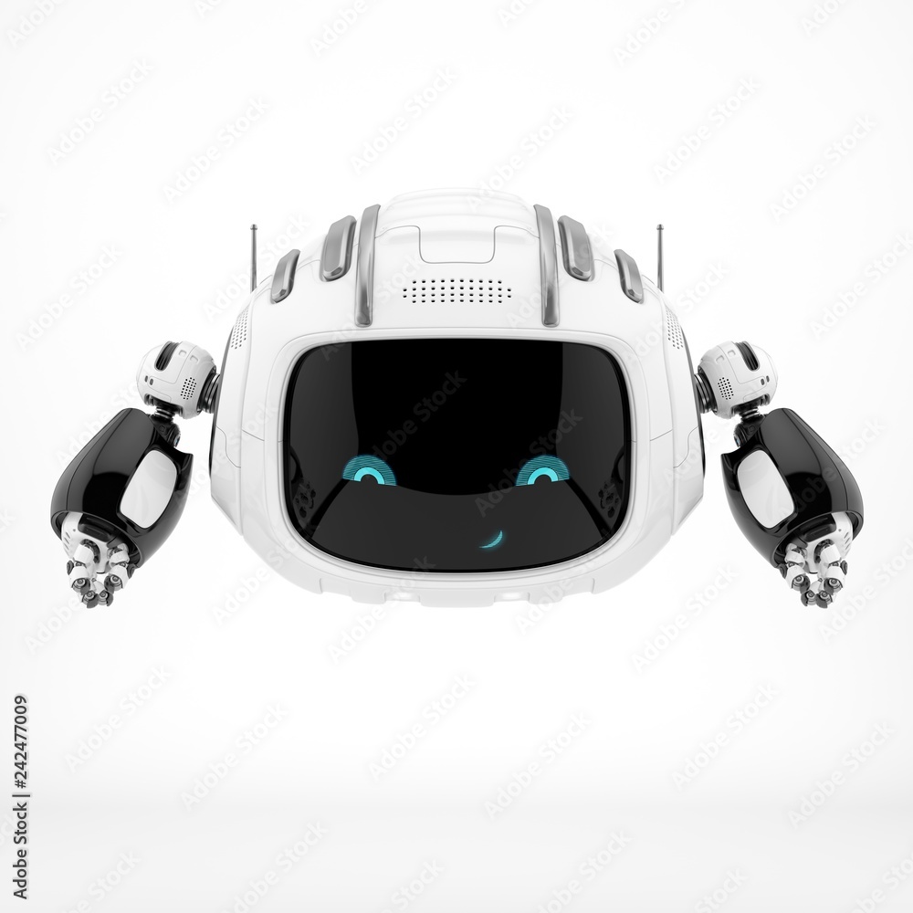 Poster aerial robotic character with digital screen, 3d rendering