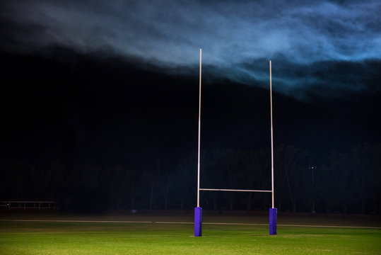 Goal post for rugby or American football. Super bowl concept photo, edit space
