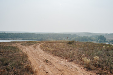 Freshwater reservoir in the Luhansk steppes in Ukraine. Summertime landscape panorama of region of Ukraine near to Russia