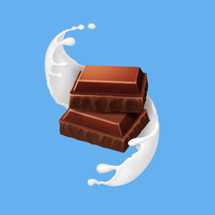 Pieces of chocolate in realistic milk spiral splash 3d illustration