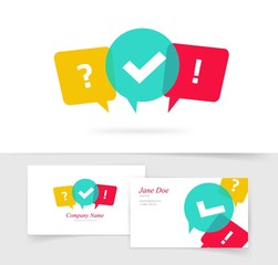 Quiz vector logo and quest game business card, questionnaire icon, poll sign, flat bubble speech symbols, social communication, chatting, interview, voting, discussion, talk, team dialog, group chat - obrazy, fototapety, plakaty