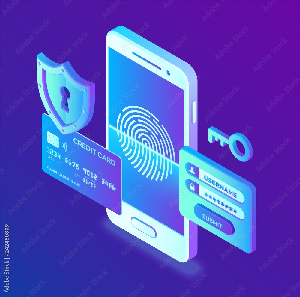 Poster mobile payments. data protection concept. personal data protection. credit card check and software a