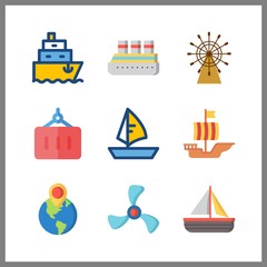 Obraz na płótnie Canvas 9 boat icon. Vector illustration boat set. sailboat and container icons for boat works