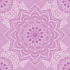 Vector Indian floral lilac and purple mandala seamless pattern background. Lace look design with whimsical elements, hearts and droplets. Perfect for wallpaper, ceramic tiles, textile.