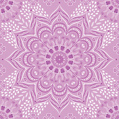 Vector Indian floral lilac and purple mandala seamless pattern background. Lace look design with whimsical elements, hearts and droplets. Perfect for wallpaper, ceramic tiles, textile.