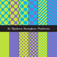 Blue, Purple and Lime Green Mixed Polka Dots and Diagonal Stripes Seamless Vector Patterns. Perfect for Kids Monster Theme Party Decor. Repeating Pattern Tile Swatches Included.