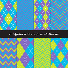 Blue, Purple and Lime Green with White Accent Lines Argyle and Chevron Seamless Vector Patterns. Perfect for Kids Monster Theme Party Decor. Repeating Pattern Tile Swatches Included.
