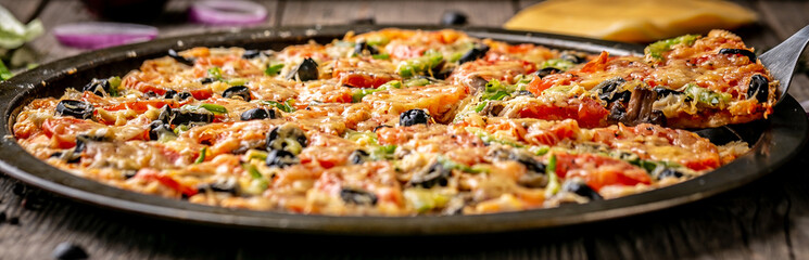 Top view of pizza with bacon and cheese with food ingredients on a wooden board. Raw vegetables on a wooden background