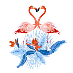 Two flamingos in love and tropical palm leaves, plants, bird of paradise. Romantic Valentine's Day template. Illustration isolated on white background. 