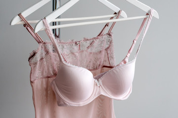 Vareity of pink bra hanging on a hanger. Textile, Underwear. Female bra in lingerie underwear store. Advertise, sale, fashion concept.