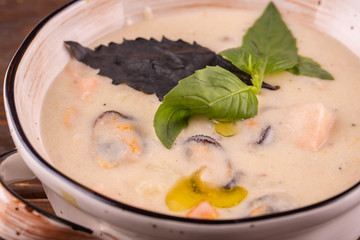 Soup with mussels and shrimps with seasonings