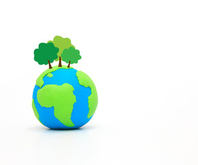 Plant trees on the globe or earth made from clay on white background with copy space. Concept save green planet. Help the world.