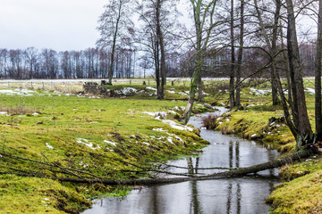 The stream flows between the trees and the green meadow. There is some snow in the fields. The...
