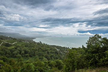 Dramatic stormy cloud sky above Nathon Pier of Koh Samui island, Thailand in turquoise sea. Tropical Storm Pabuk.