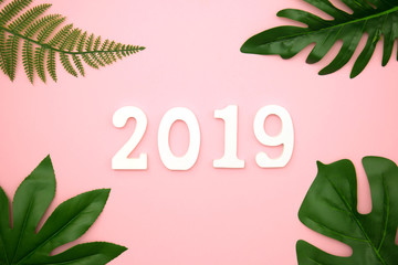 Tropical leaves on pink summer background and text 2019 flat lay. Happy New Year concept.