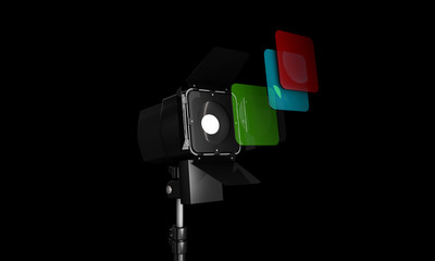 3d render empty photo studio interior with equipment on white background