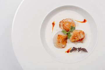 Scallops with leek and white sauce.