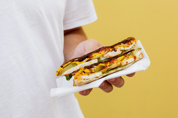 Sandwich with smoked chicken, cheddar cheese, pickled onions, pickled cucumber and sauce in male hands.