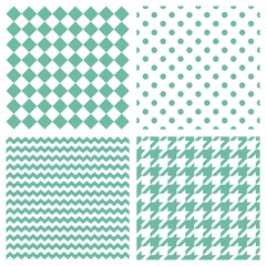 Tile vector pattern set with mint green polka dots, hounds tooth, hearts and stripes on blue background