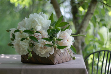 still life in a garden with white and cream peonies in a basket