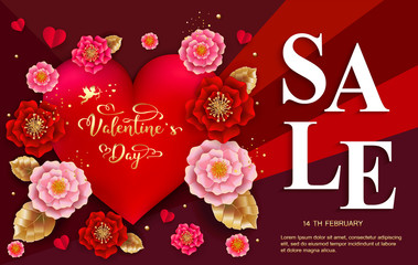 Happy Valentines day sale banner with beautiful colorful flowers and hearts. Can be used for template, banners, wallpaper, flyers, invitation, posters, brochure, voucher discount. Vector illustration 