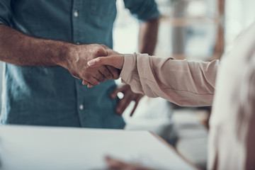 Fototapeta premium Close up of man and woman shaking hands