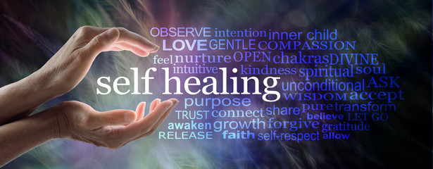 Self Help Healing Word Cloud - female cupped hands with SELF HEALING between and a relevant word cloud  against a feathered effect  background 