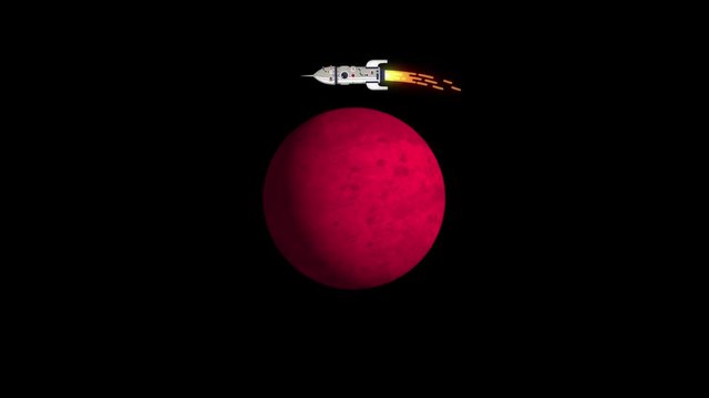 Rocket flies in orbit around  red planet similar to Mars. Looped Anamation motion design with alpha channel.