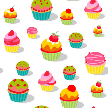 Seamless colorful painted cartoon cakes pattern. background for cafe. Vector illustration