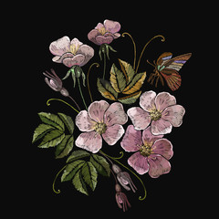 Embroidery wild roses and butterfly. Fashion template for clothes, textiles and t-shirt design