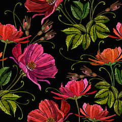 Red peonies flowers seamless pattern. Fashion template for clothes, textiles and t-shirt design. Spring embroidery botanical art