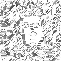 Printed circuit board black and white computer technology with a human face, artificial intelligence concept, vector