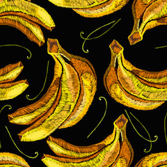 Embroidery yellow tropical bananas seamless pattern, jungle art. Fashion template for clothes, textiles and t-shirt design