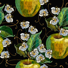Embroidery apples seamless pattern. Fashion template for clothes, textiles and t-shirt design. Spring blossoming apple-tree tapestry art