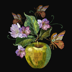 Embroidery green apple, flowers and butterfy. Spring tapestry art. Fashion template for clothes, textiles and t-shirt design
