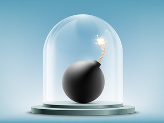 Round bomb with a fuse under a glass dome. Cold war and disarmament.