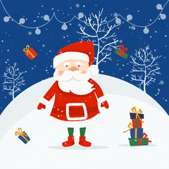 Merry Christmas and Happy New Year winter holidays greeting card with cartoon elements. Vector illustration